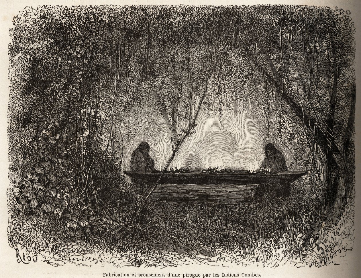 The manufacture of a canoe by the Conibo Indians of Peru. Engraving in Le tour du monde, edited by Edouard Charton by Edouard Riou
