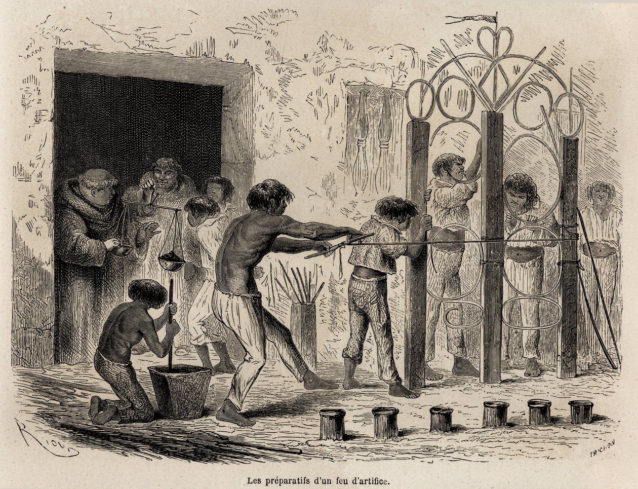 The preparation of fireworks in Sarayacu (Peru), drawing by Riou, to illustrate Paul Marcoy