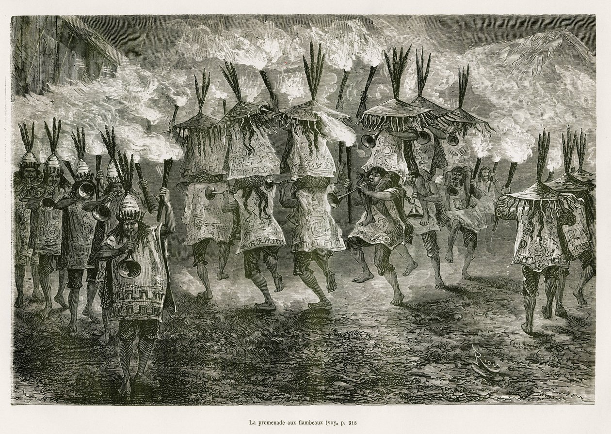 The torchlight walk through the streets of San Jose (drawing by E. Riou, to illustrate the journey in the Titicaca region and the valleys of the east of Lower Peru, 1873 by Paul Marcoy. Engraving in 