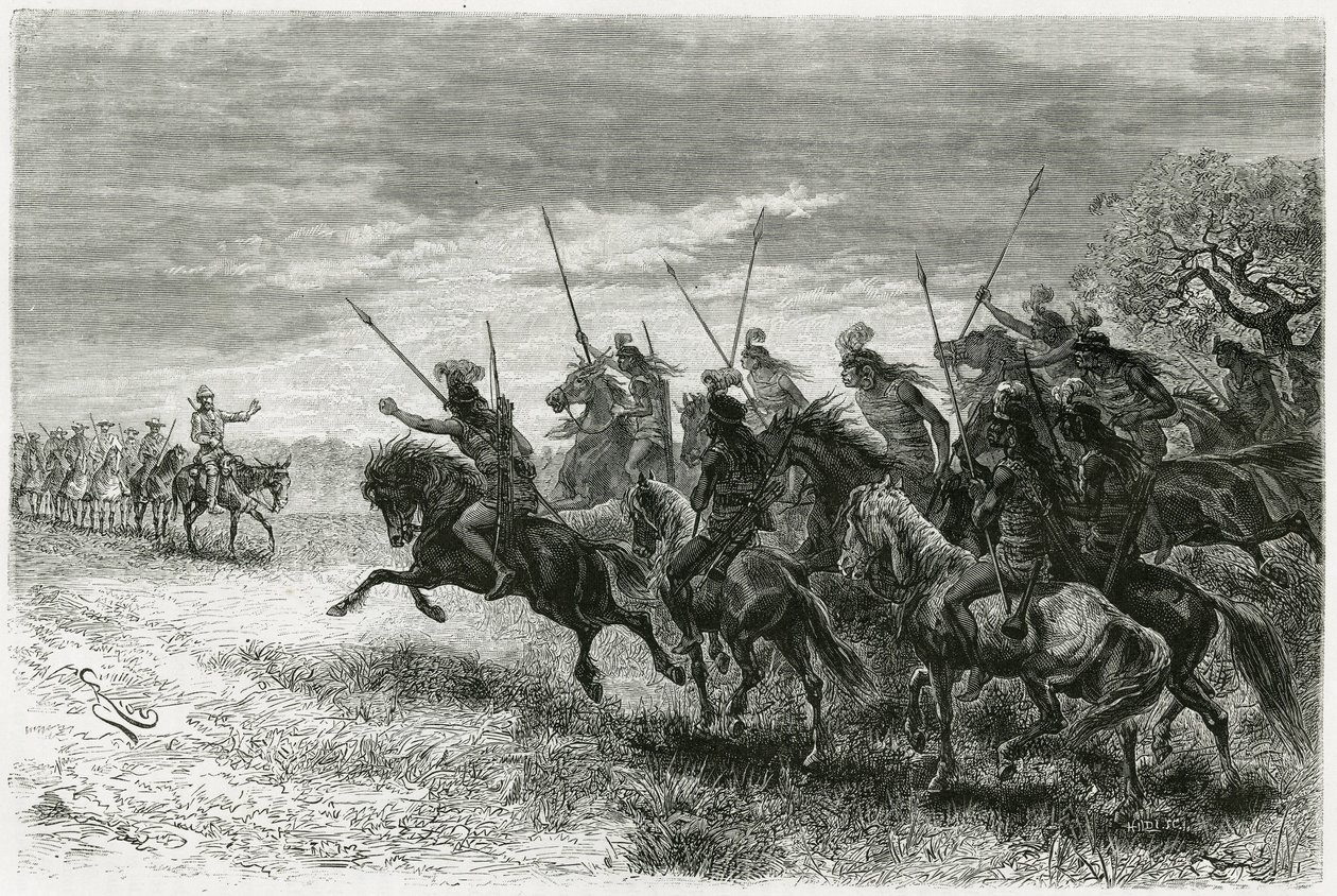 Tobas Indians (from the Chaco region, between Paraguay and Bolivia) refusing to pass to the column of the Thouar expedition. Engraving by Riou, to illustrate the story 