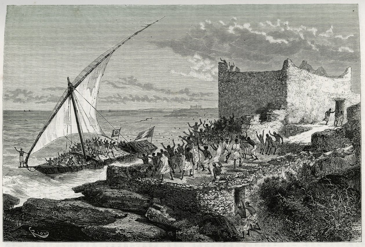 With the dung of travelers entering the harbour of Moguedouchou (Mogadishu), sailors make a huge racket to attract the people who welcome them with shouts of enthusiasm. Engraving by Riou, to illustrate the story 