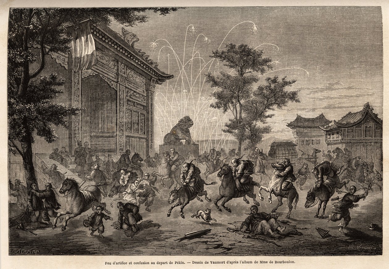 Fireworks in Pekin and confusion of the crew of the French legation on the departure for Mongolia. Engraving in Le tour du monde, edited by Edouard Charton by Edouard Vaumort
