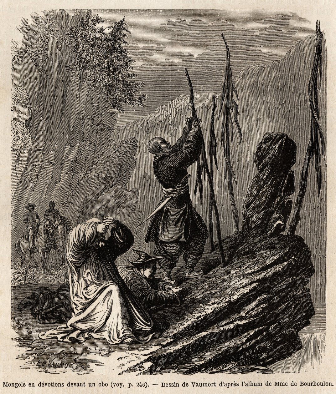 Mongols in devotion to an obo, near the Bakka and Mongolia mountains, drawing by Vaumort to illustrate the journey from Shanghai to Moscow, from 1859 to 1862, of M. de Bourboulon, French minister to China. Engraving in Le tour du monde, edited by Edouard C by Edouard Vaumort