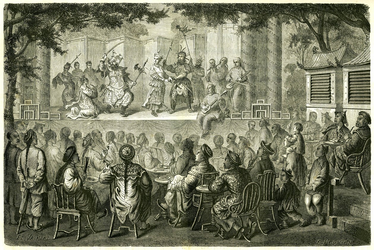 View of a representation of the Opera de Pekin (Beijing), China, after the travel story of Madame de Bourboulon. Engraving after a drawing by Vaumort, in 