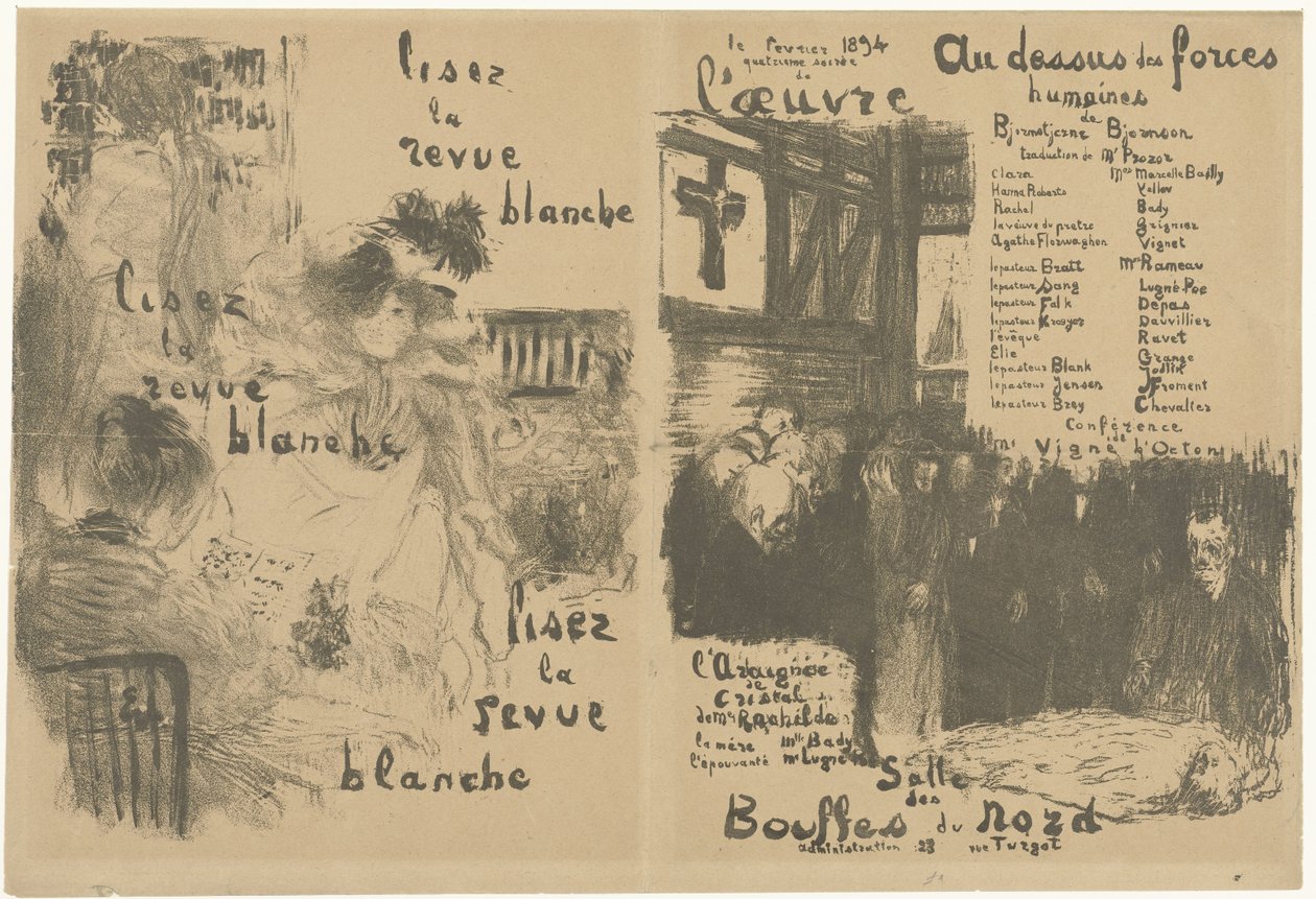 Cover program booklet with advertisement for La Revue Blanche and announcement of the play Au-dessus des forces humaines by Edouard Vuillard