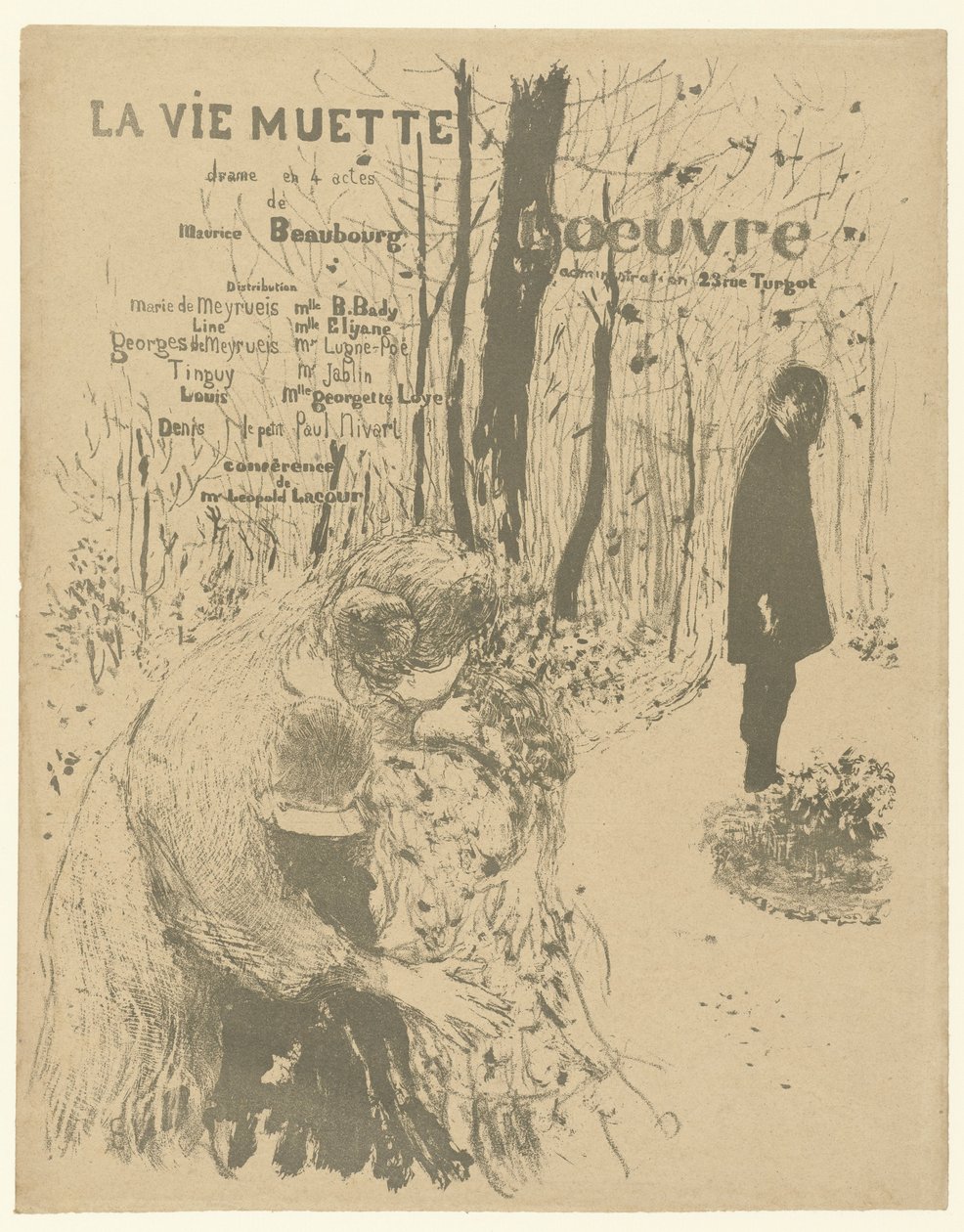 Cover for program booklet with woman with two children and man in park for play La vie muette by Edouard Vuillard