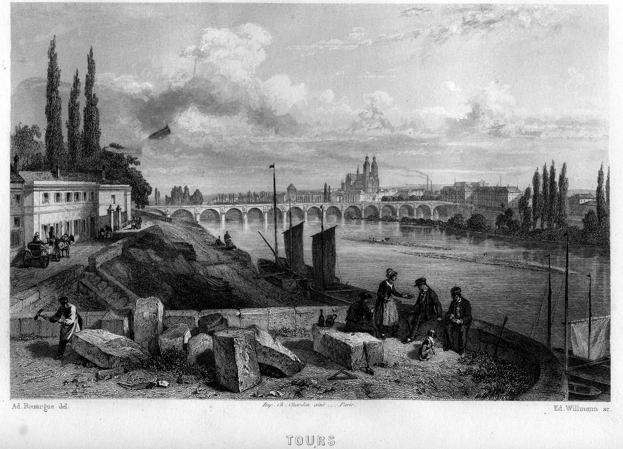 City view of Tours, Indre-et-Loire, Centre, France. Engraving by Willmann in 