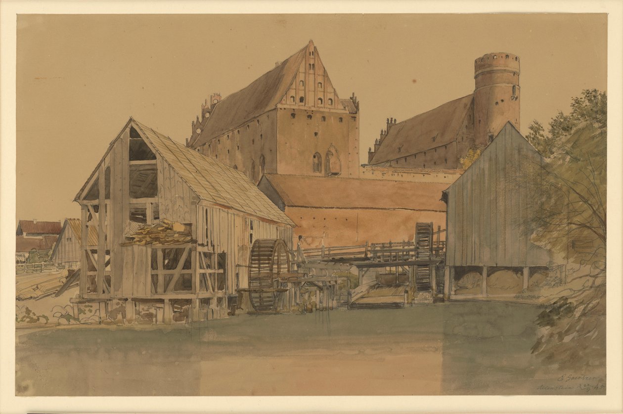 The Allenstein Castle, in the Foreground a Watermill by Eduard Gaertner