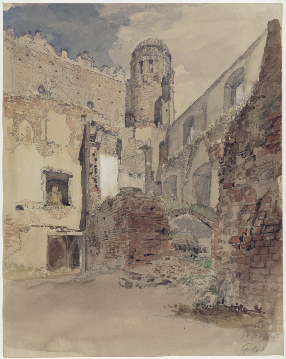 Castle Ruins in Gollub, Courtyard View with Tower by Eduard Gaertner
