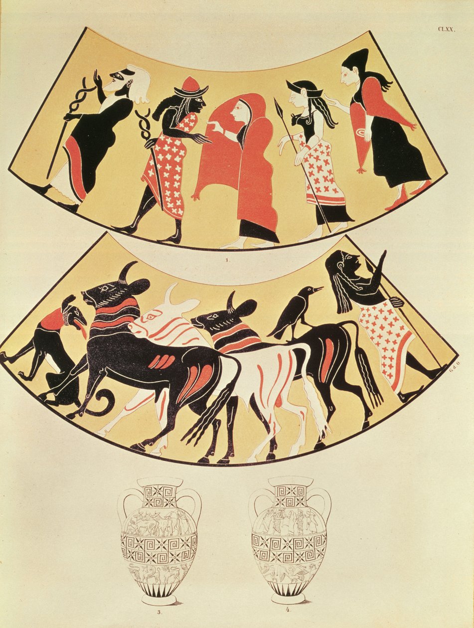 Designs from an Etruscan vase depicting a procession of priests and marking out a new city