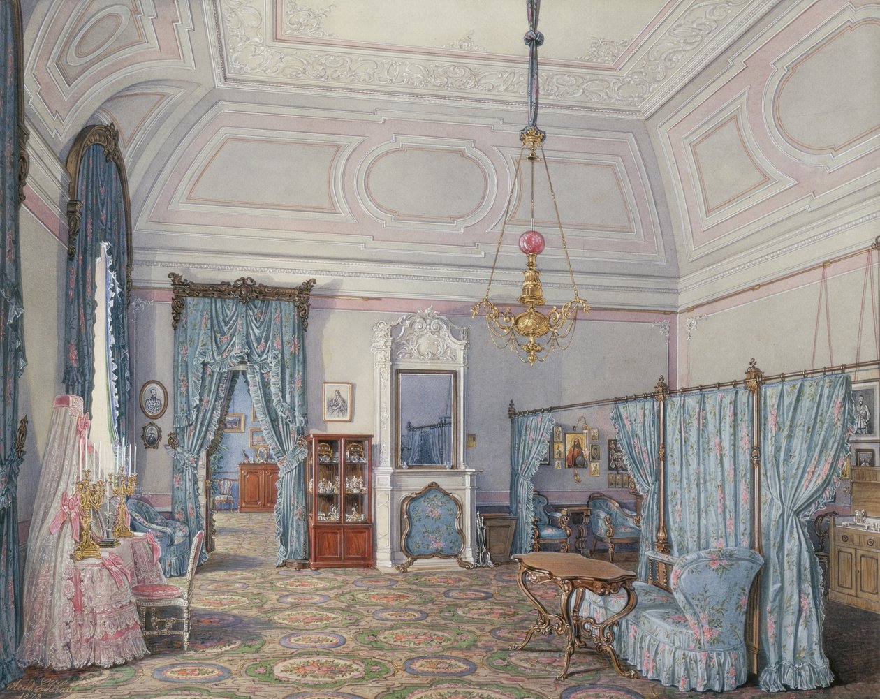 Interiors of the Winter Palace: The Fifth Reserved Apartment, The Bedroom of Grand Princess Maria Alexandrovna by Eduard Hau