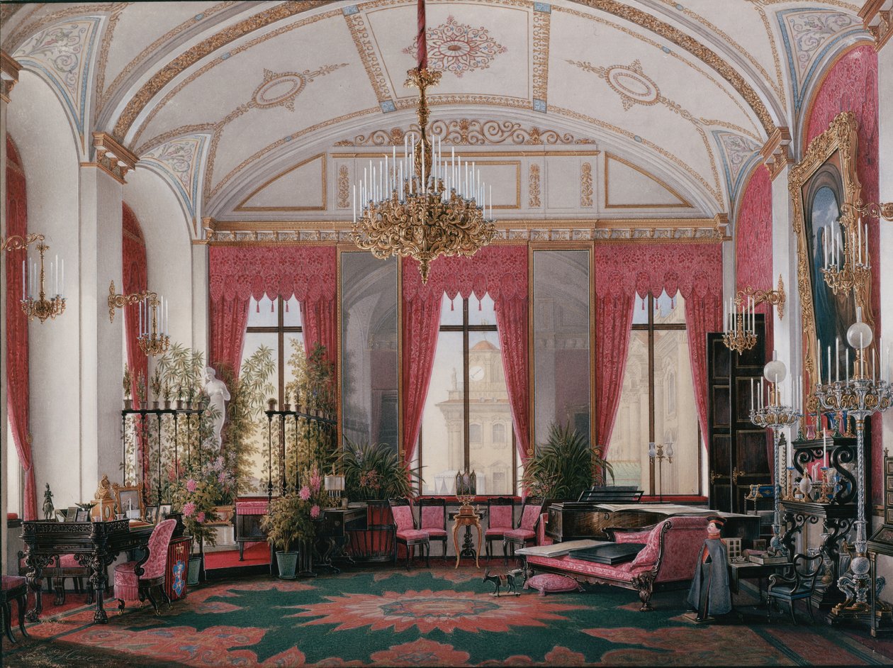 Interiors of the Winter Palace. The Raspberry Study of Empress Maria Alexandrovna, 1860s by Eduard Hau