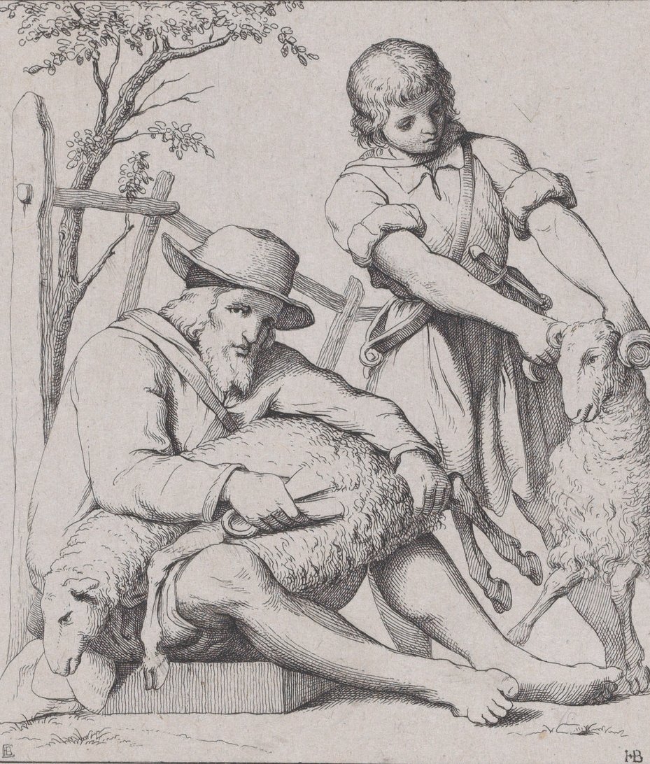 Two Men Sheep Shearing, ca. 1842 by Eduard Julius Friedrich Bendemann