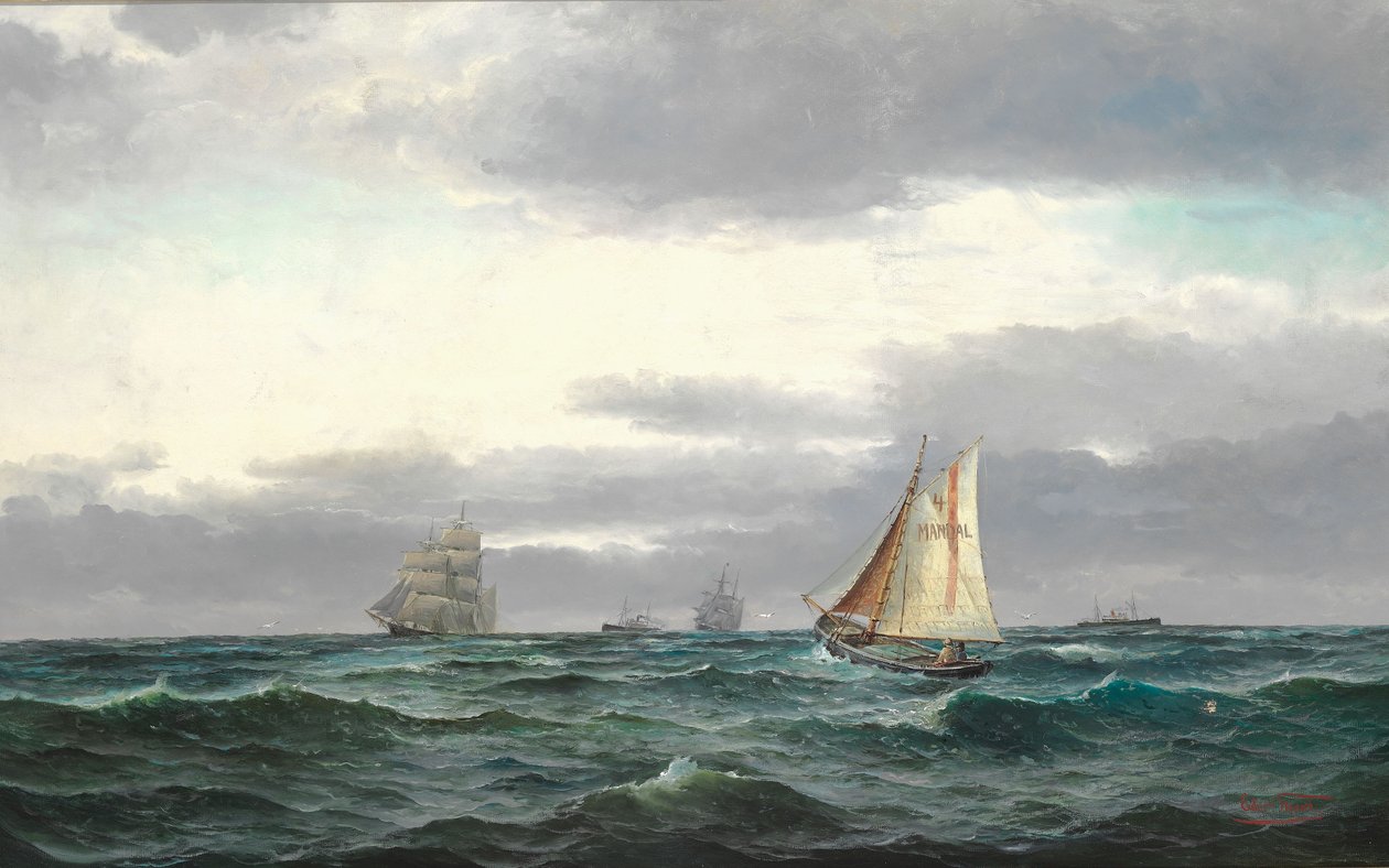 Marine with Several Ships, Gray Rainy Clouds and a Bit of Blue Sky by Edvard Skari