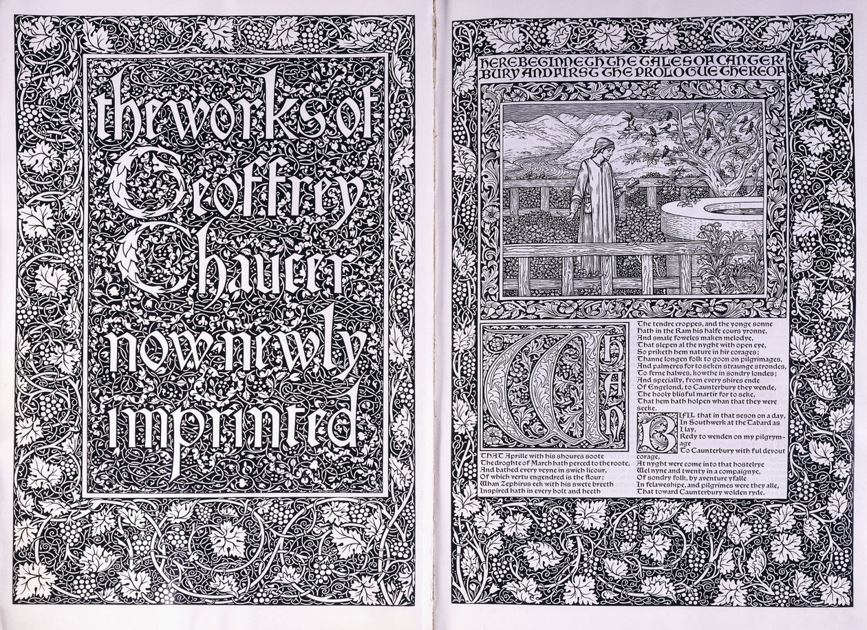 Title page and opening page from the Kelmscott Press edition of The Works of Geoffrey Chaucer by Edward Burne Jones