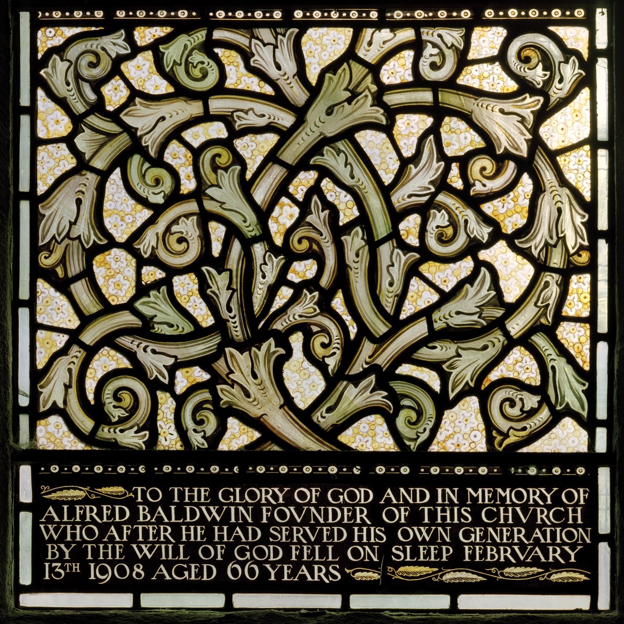 Dedication to Alfred Baldwin from The Joshua Window by Edward Coley and Dearle Burne-Jones