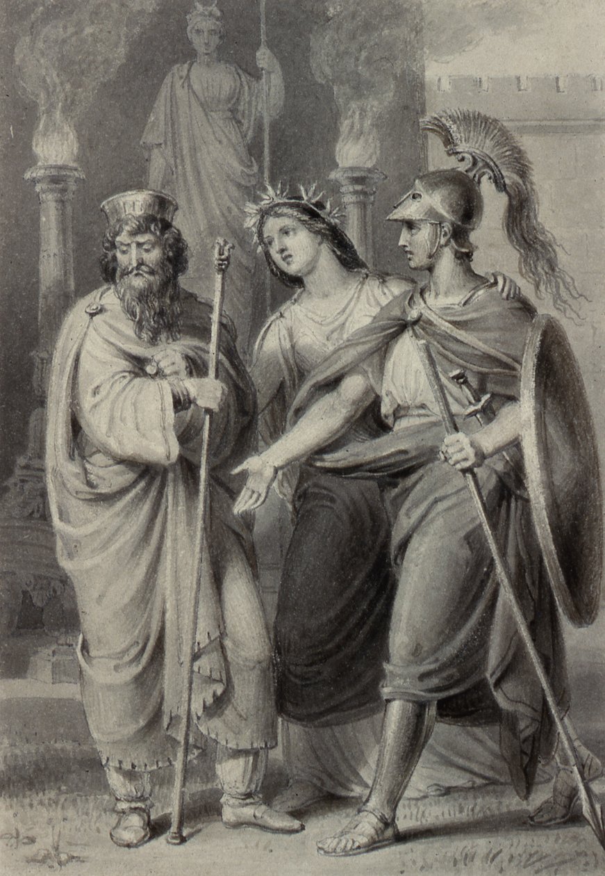 Warrior accompanied by a woman addressing a Priest in the Precincts of a Temple by Edward Francis Burney