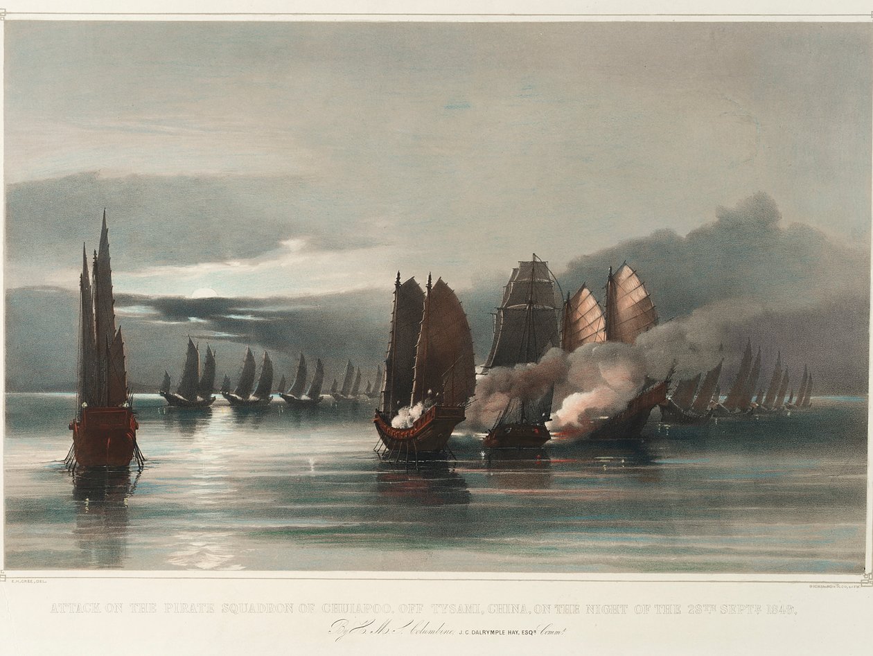 Attack on the Pirate Squadron of Chuiapoo, off Tysami, China, on the Night of the 28th September 1849 by HMS Columbine, J C Dalrymple Hay, Esqr, Commr by Edward Hodges Cree