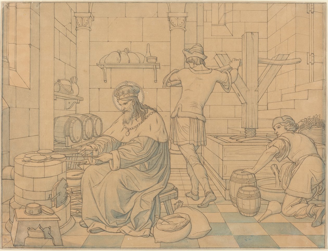 Saint Wenzel Cooking Hosts as Two Youths Press Wine by Edward Jakob von Steinle
