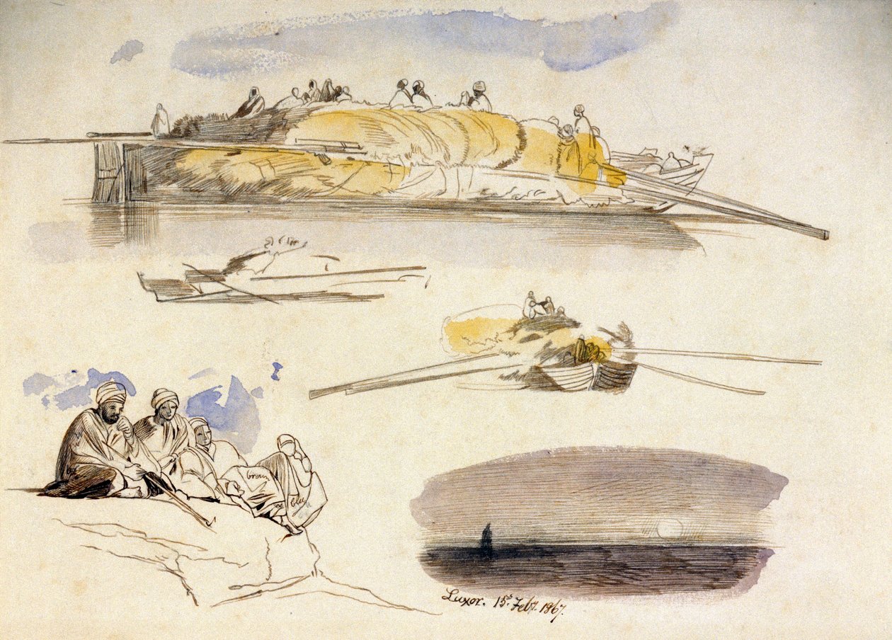 Five sketches of Luxor, three views of a houseboat loaded with straw, a sketch of five Egyptians sitting and a landscape at dusk by Edward Lear