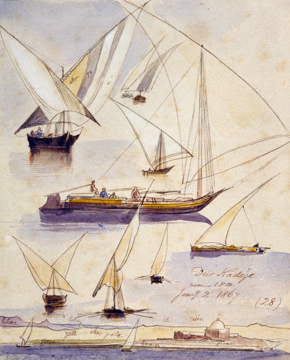 Studies of various Egyptian boats near Deir Kadige and a view of the banks of the Nile with a mosque by Edward Lear
