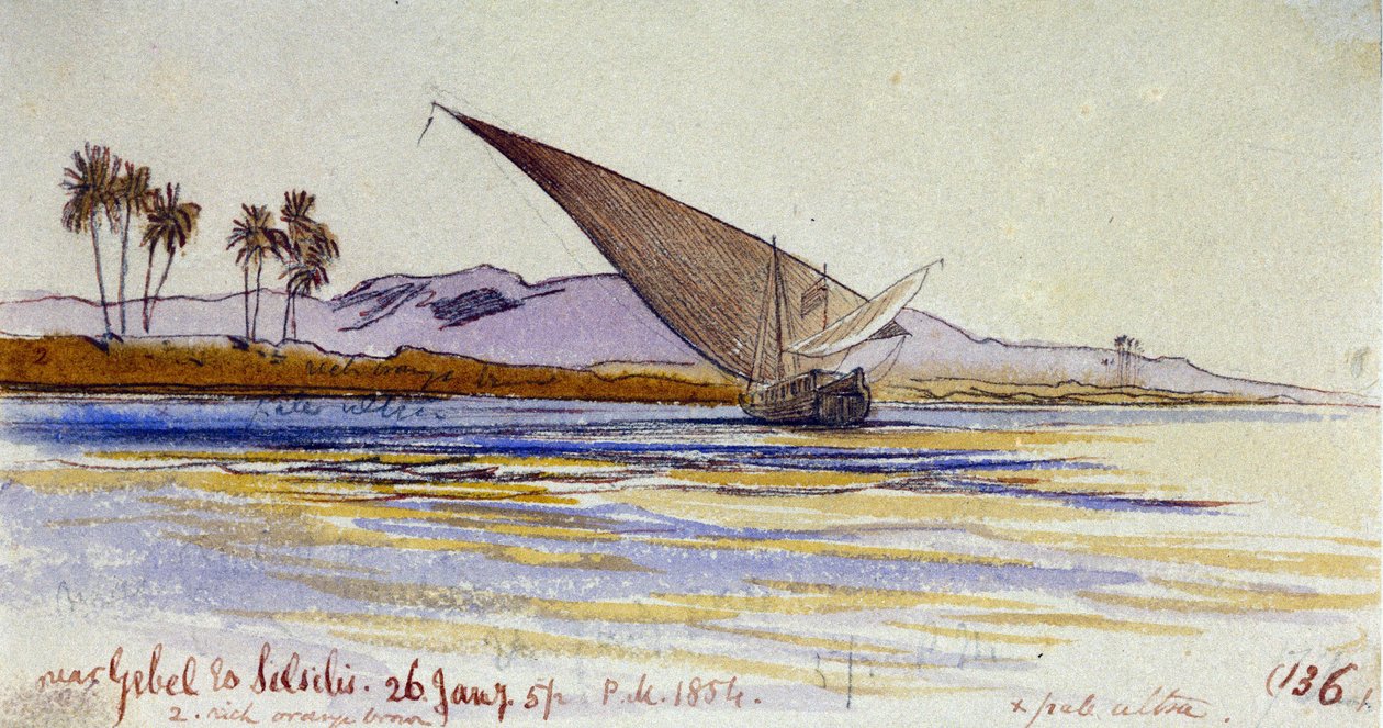 The banks of the Nile, with palm trees and gyassi facing the bank, near Gebel el Silsileh by Edward Lear