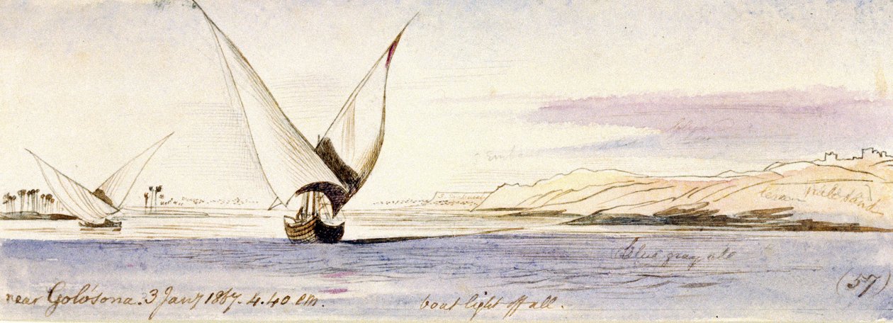 View of the Nile near Golosona (Egypt), with a traditional Egyptian boat sailing by Edward Lear