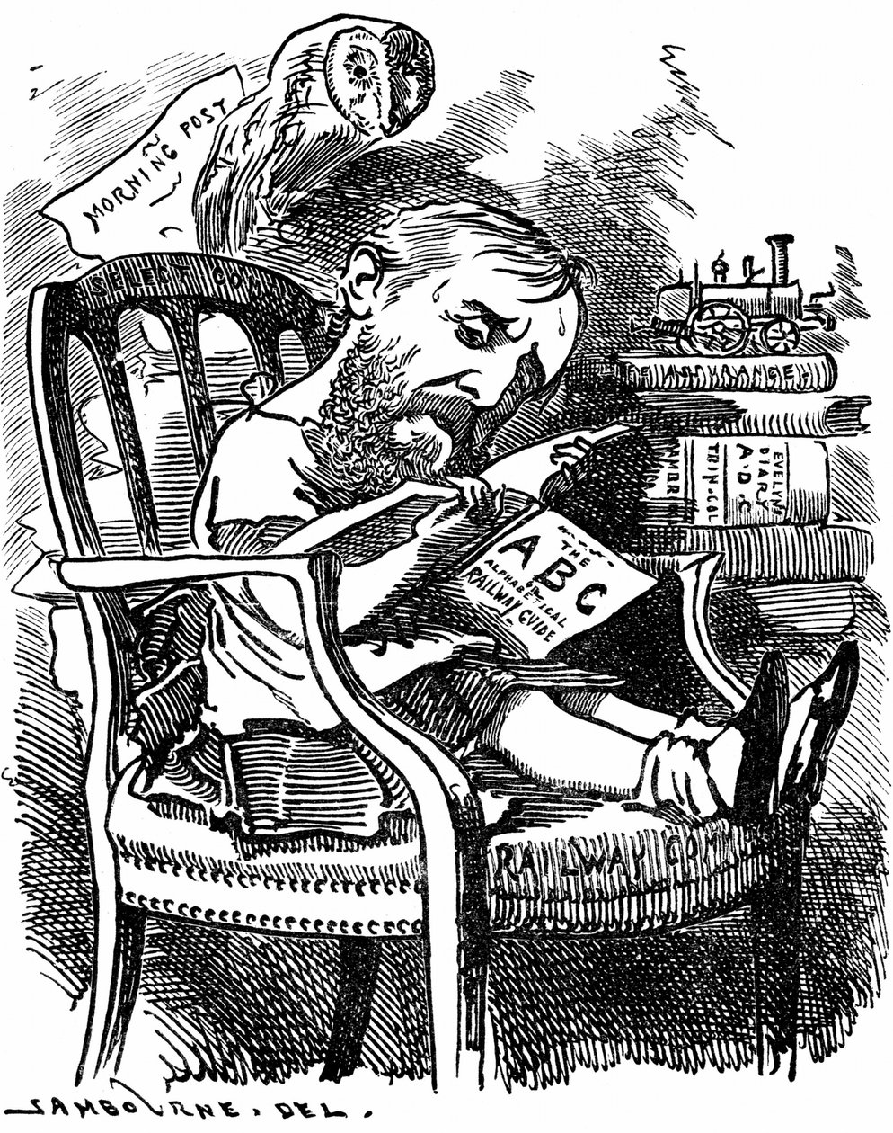 Evelyn Ashley English author and Liberal politician: son of 7th Earl of Shaftesbury. Cartoon by Edward Linley Sambourne in the Fancy Portraits series from Punch London April 1881 when Ashley was under-secretary at the Board of Trade. by Edward Linley Sambourne