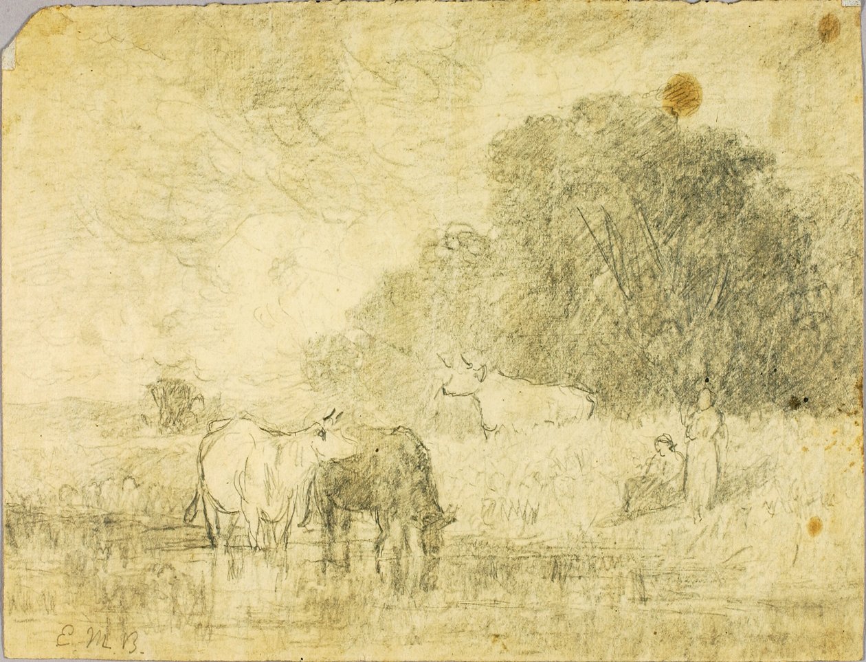 Landscape with Cows at Pond, Two Figures by Edward Mitchell Bannister