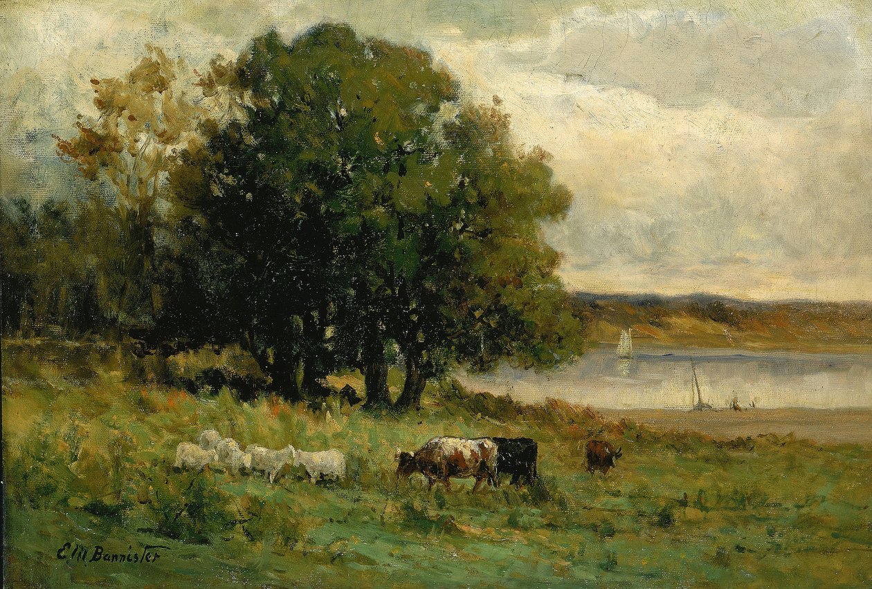 Untitled (cattle near river with sailboat in distance) by Edward Mitchell Bannister
