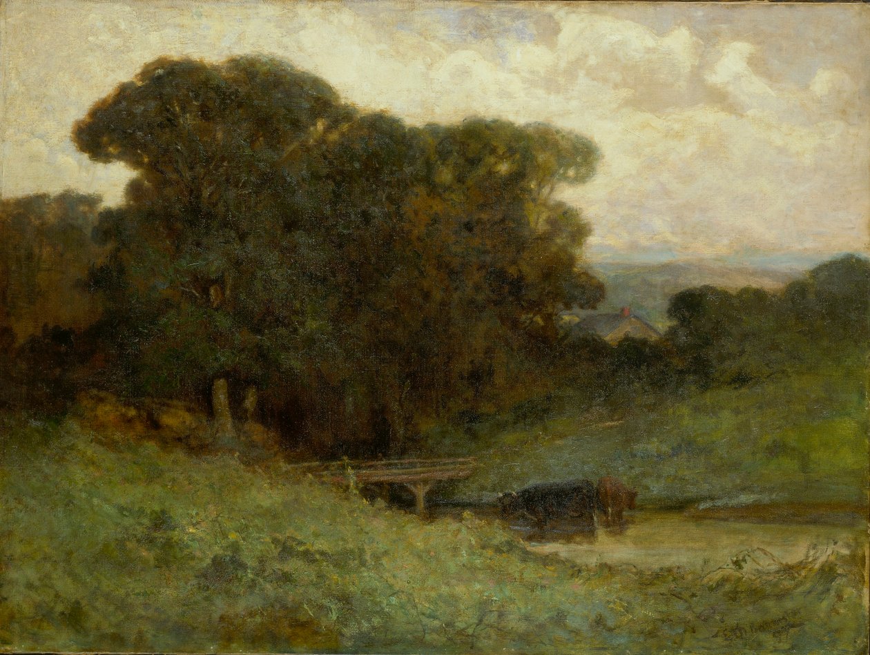 Untitled (forest scene with bridge, cows in stream in foreground) by Edward Mitchell Bannister