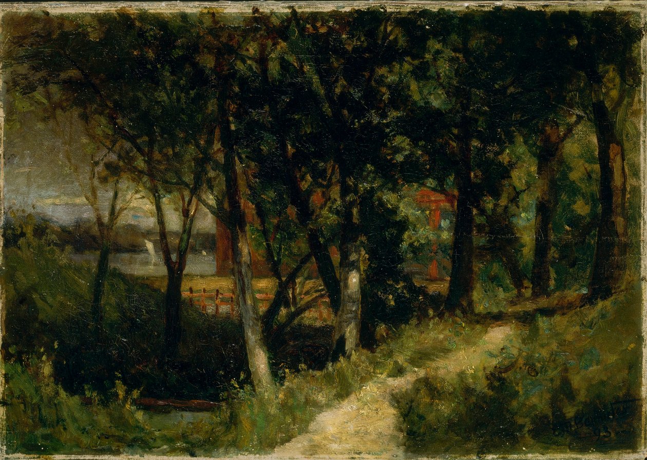 Untitled (landscape, forest scene with red fence and building) by Edward Mitchell Bannister