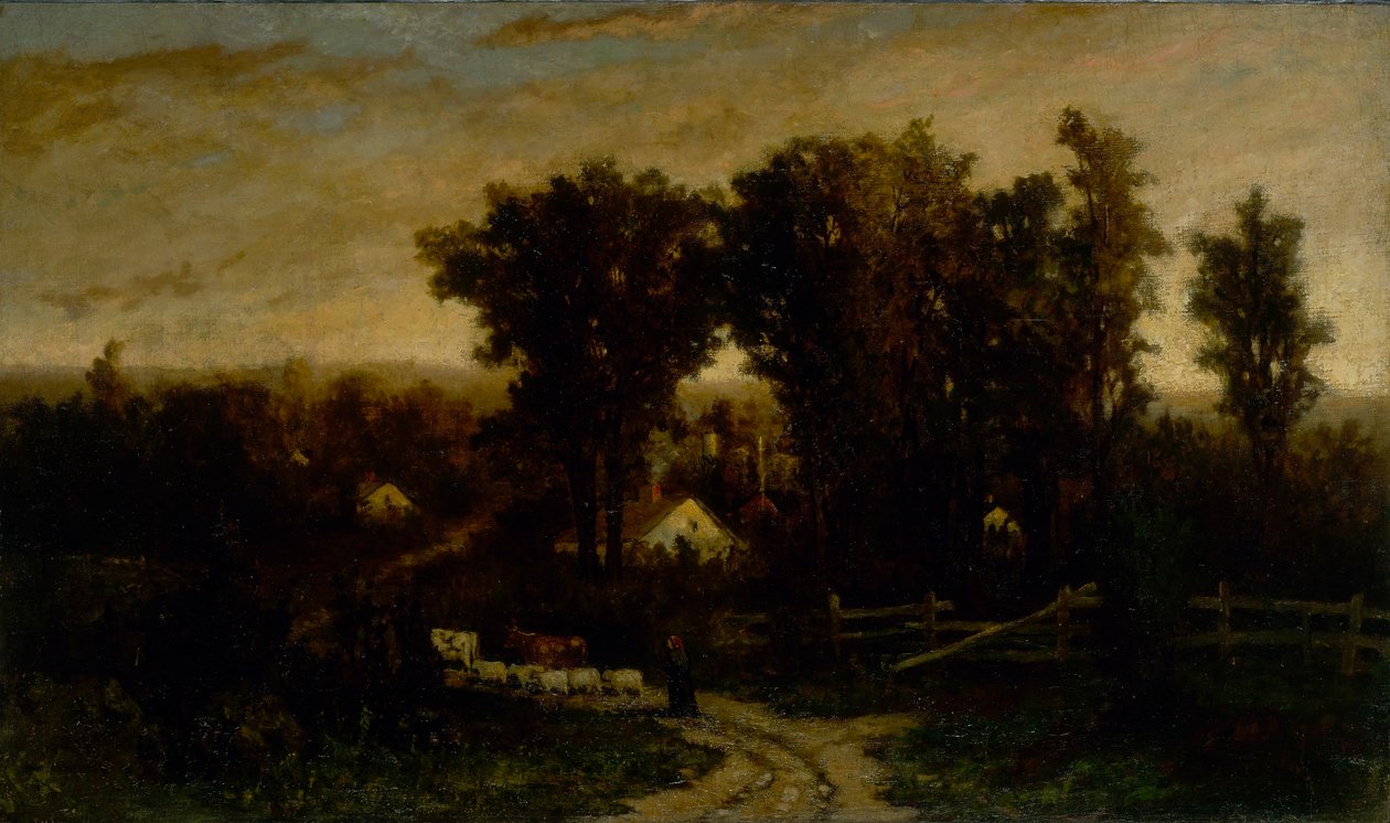 Untitled (woman with cattle and sheep at dusk) by Edward Mitchell Bannister