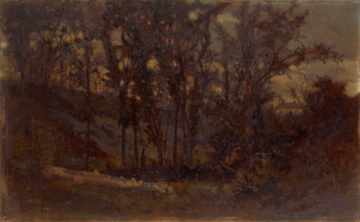 Untitled forest scene, fallen tree in foreground and house in background, 1873 by Edward Mitchell Bannister