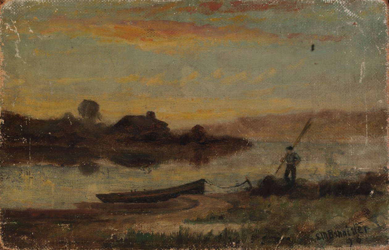 Untitled Landscape, Boat Moored Near Bank with Man Walking by Edward Mitchell Bannister