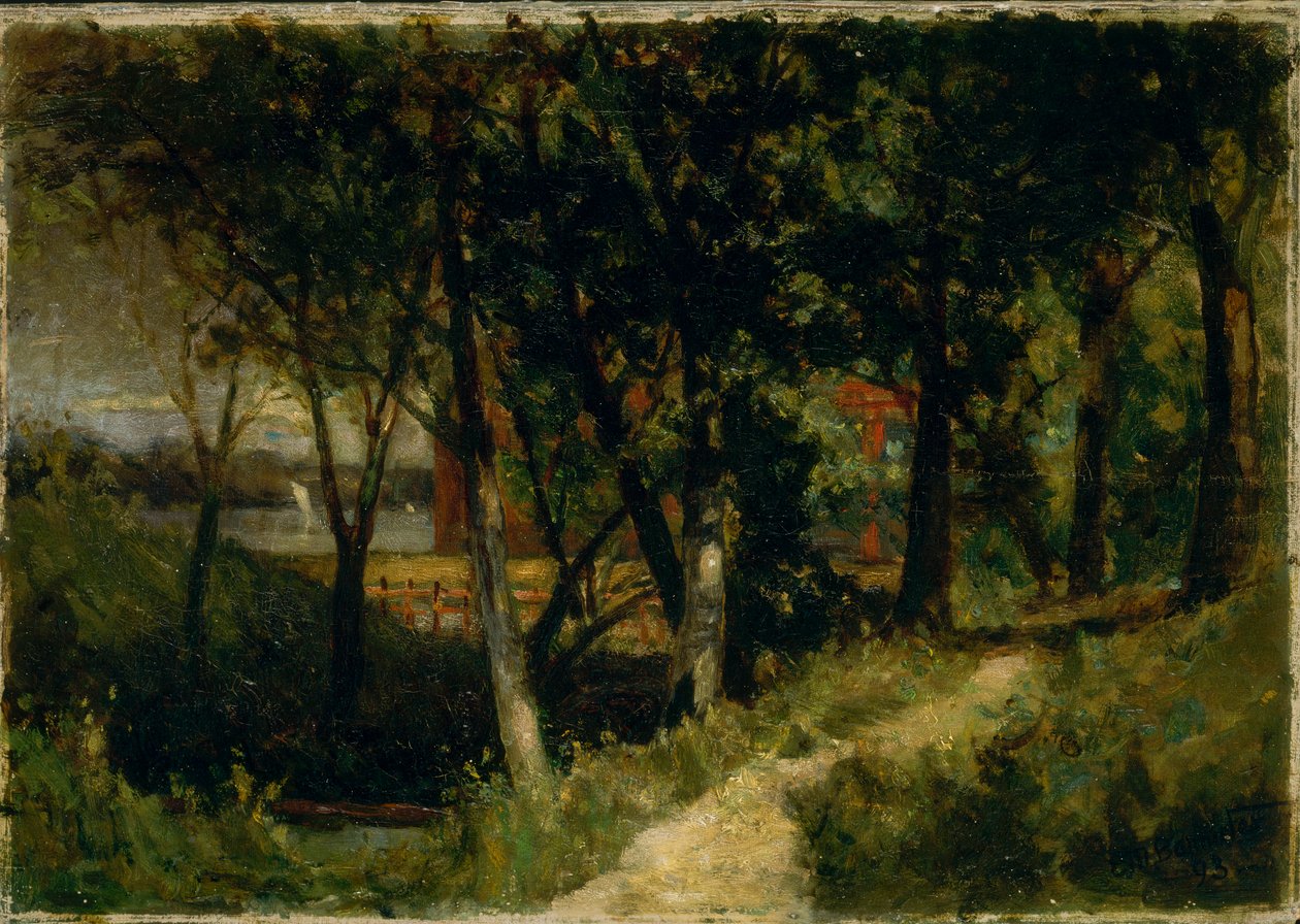 Untitled landscape, forest scene with red fence and building, 1893 by Edward Mitchell Bannister