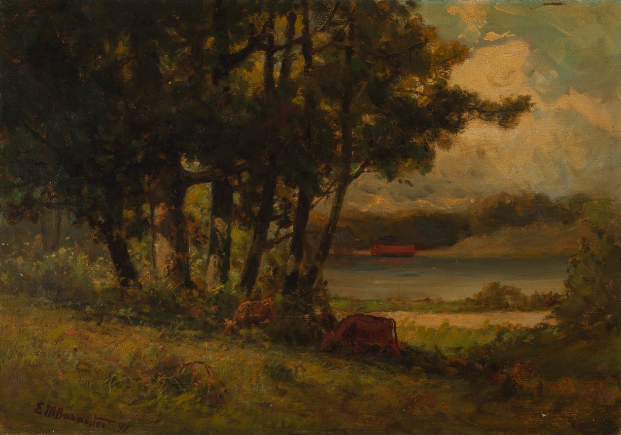 Untitled landscape with cows grazing near river, 1891 by Edward Mitchell Bannister