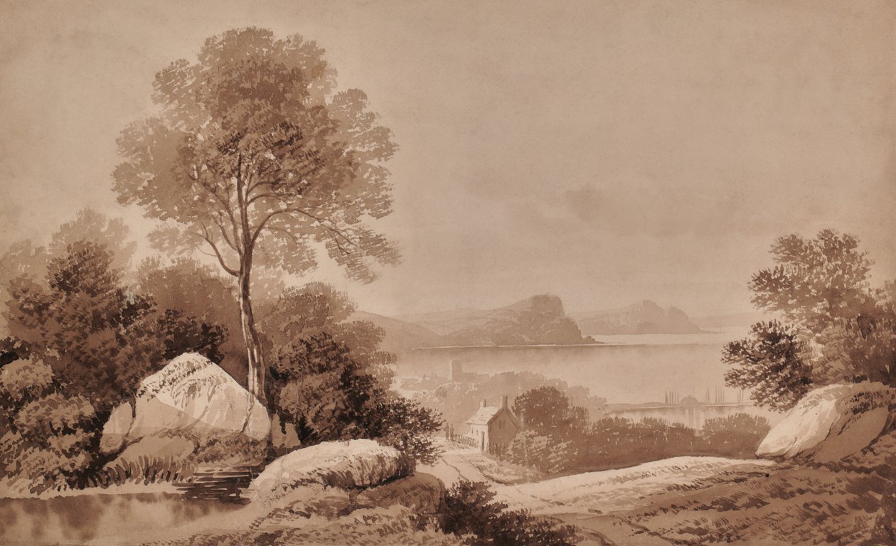 Landscape with lake and cottage by Edward Pretty