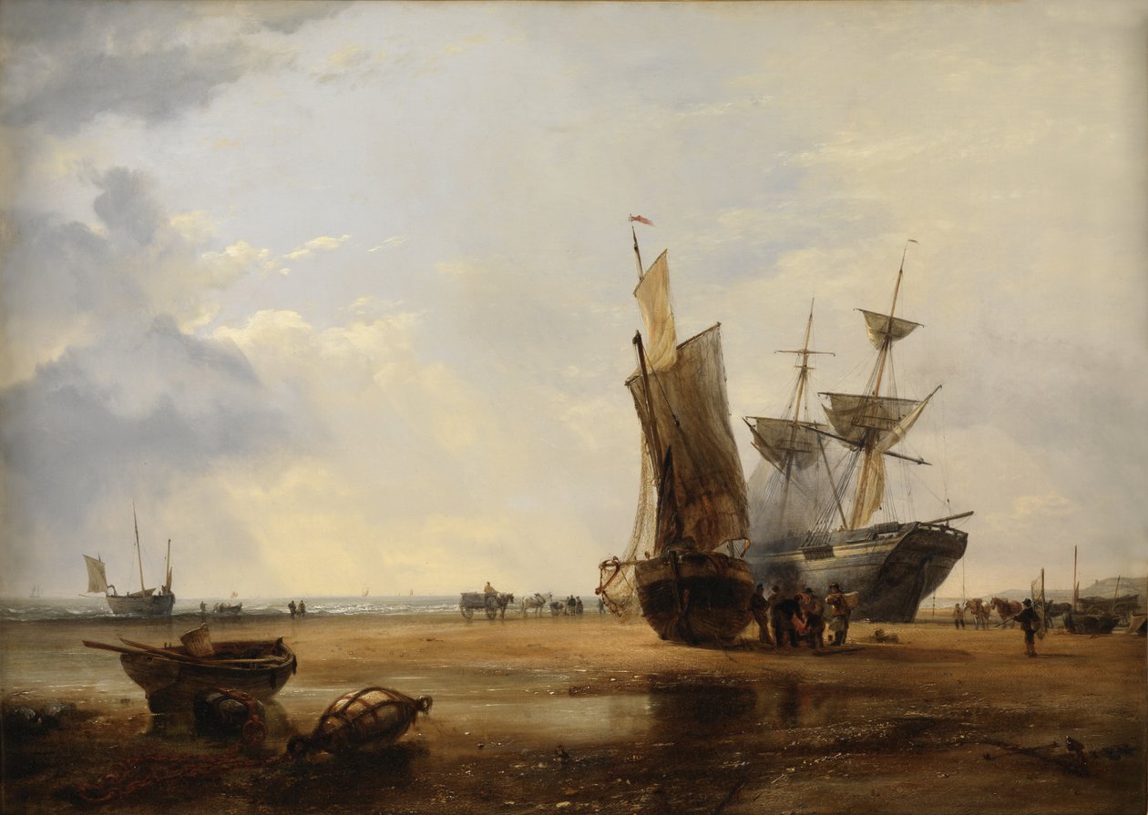 Brig on Sands: Vessels on the Sands at Hastings, 1836 by Edward William Cooke