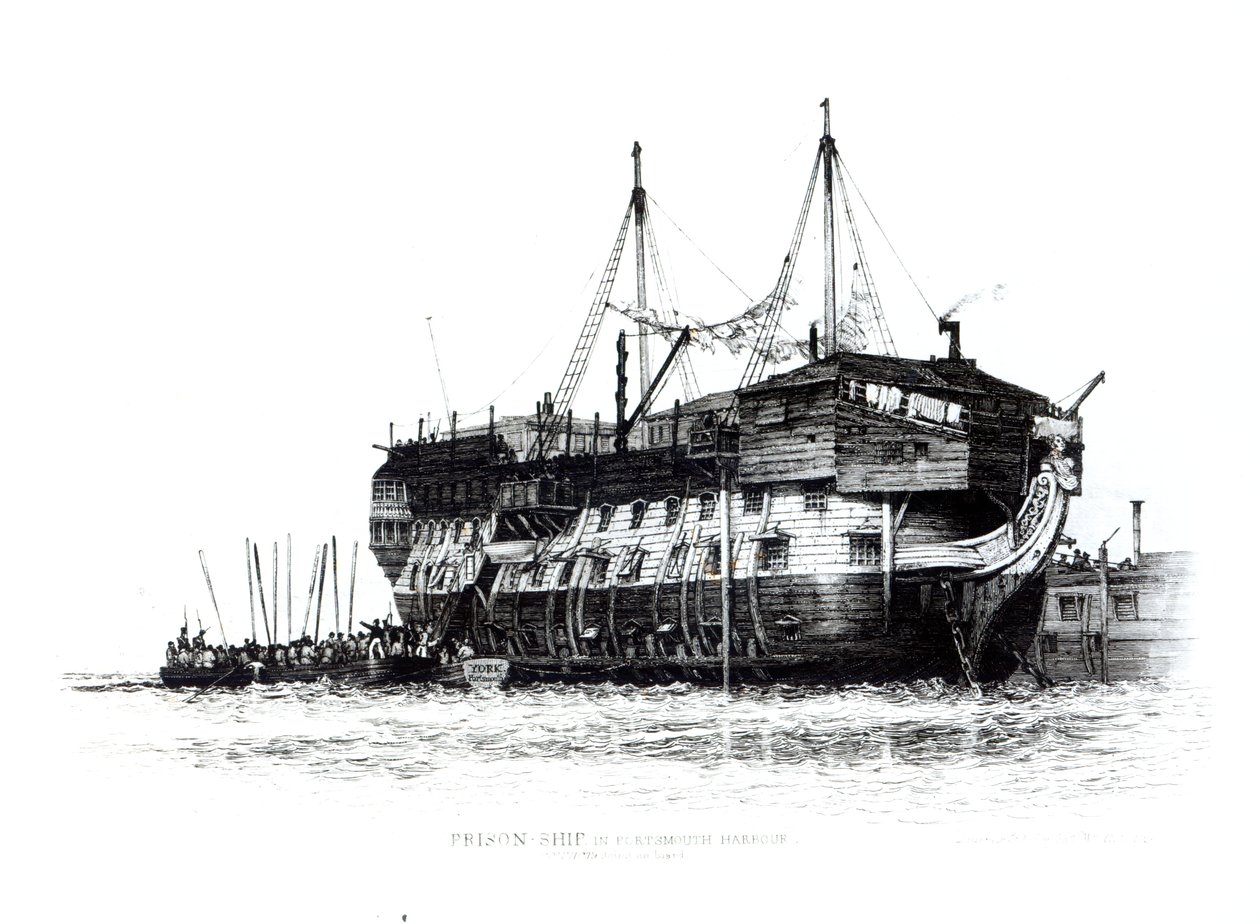 Prison Ship in Portsmouth Harbour: Convicts Going on Board, 1828 by Edward William Cooke