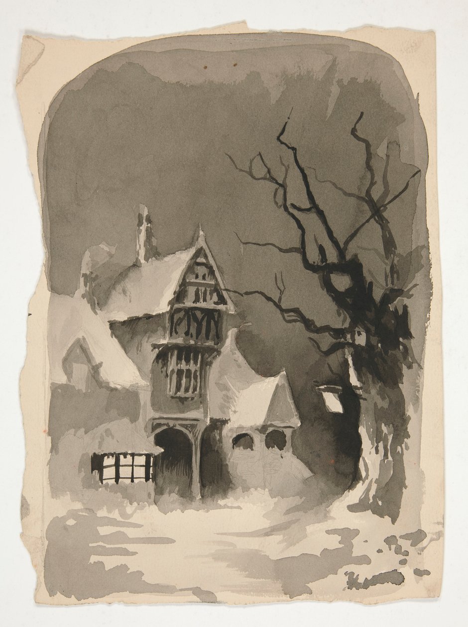 A Winter Scene: House in the Snow (recto); Assorted Figure Studies (verso) by Edwin Austin Abbey