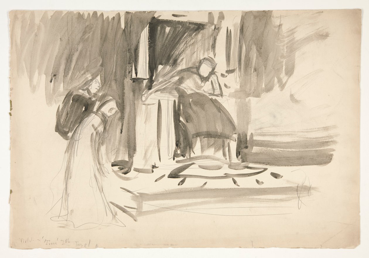 Figure on throne, flanked by two figures, sketch for an unidentified Shakespeare play by Edwin Austin Abbey