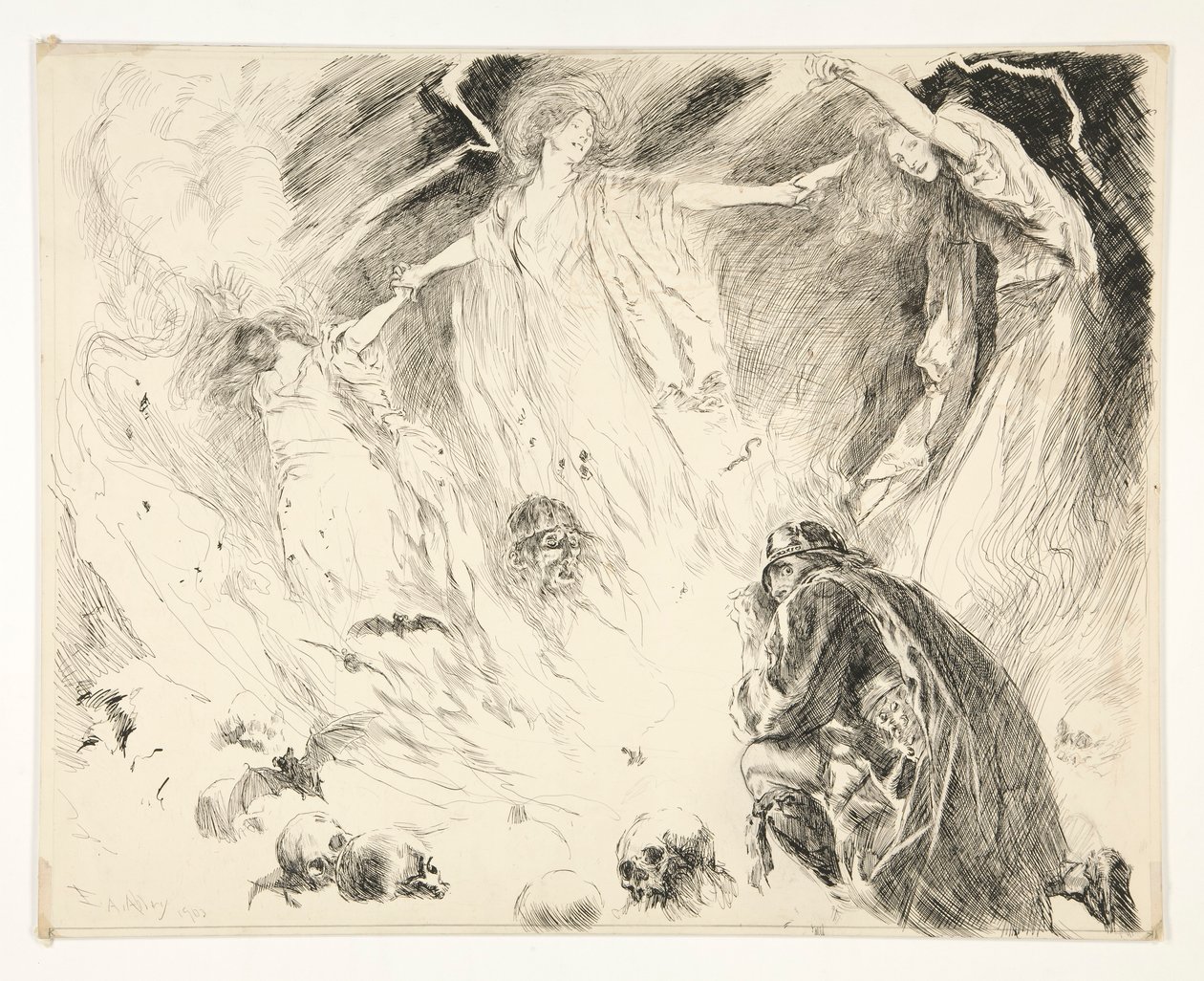 First Apparition: Macbeth! Macbeth! Macbeth! beware Macduff., Act IV, Scene 1, Macbeth by Edwin Austin Abbey