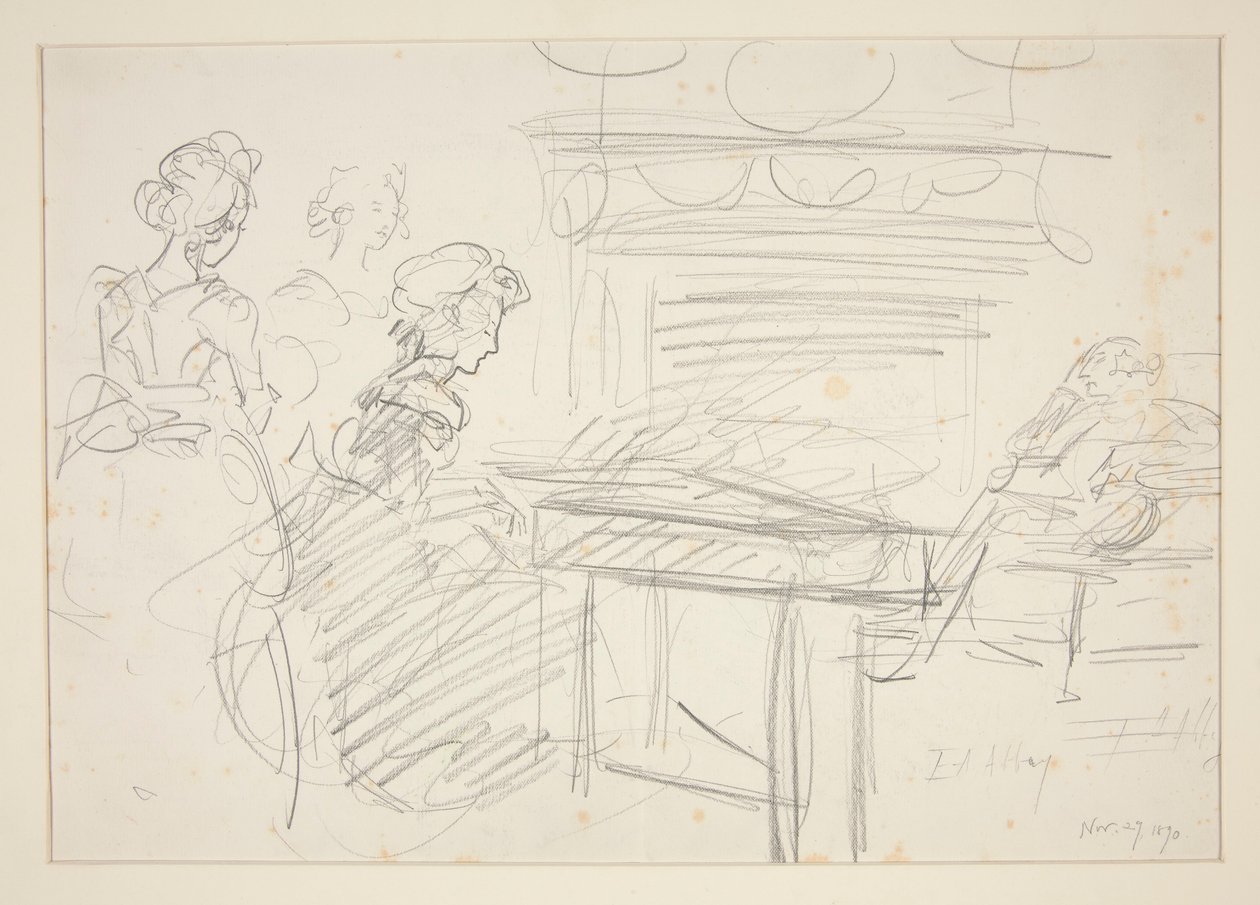 Interior Scene: Woman at Piano and Family - Unidentified Illustration by Edwin Austin Abbey