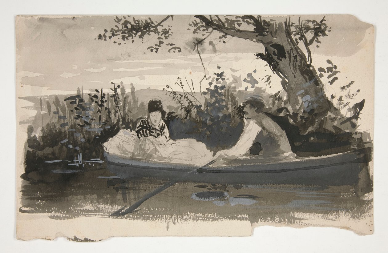 Man and Woman in Rowboat, Near Riverbank by Edwin Austin Abbey