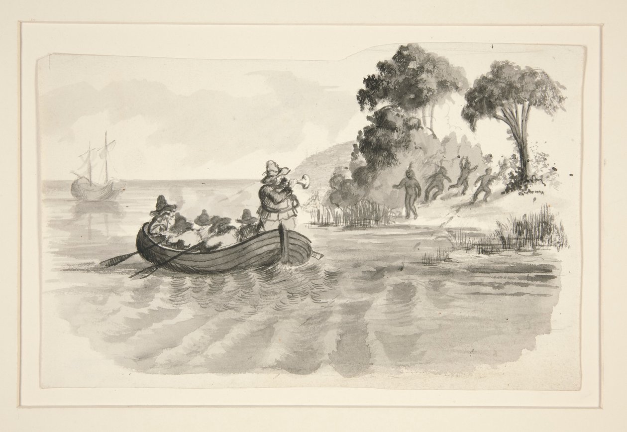 Men in Rowboat Fleeing Indians on Shore - Unidentified Illustration (Columbus Discovering New World?) - Explorers Landing in the New World by Edwin Austin Abbey