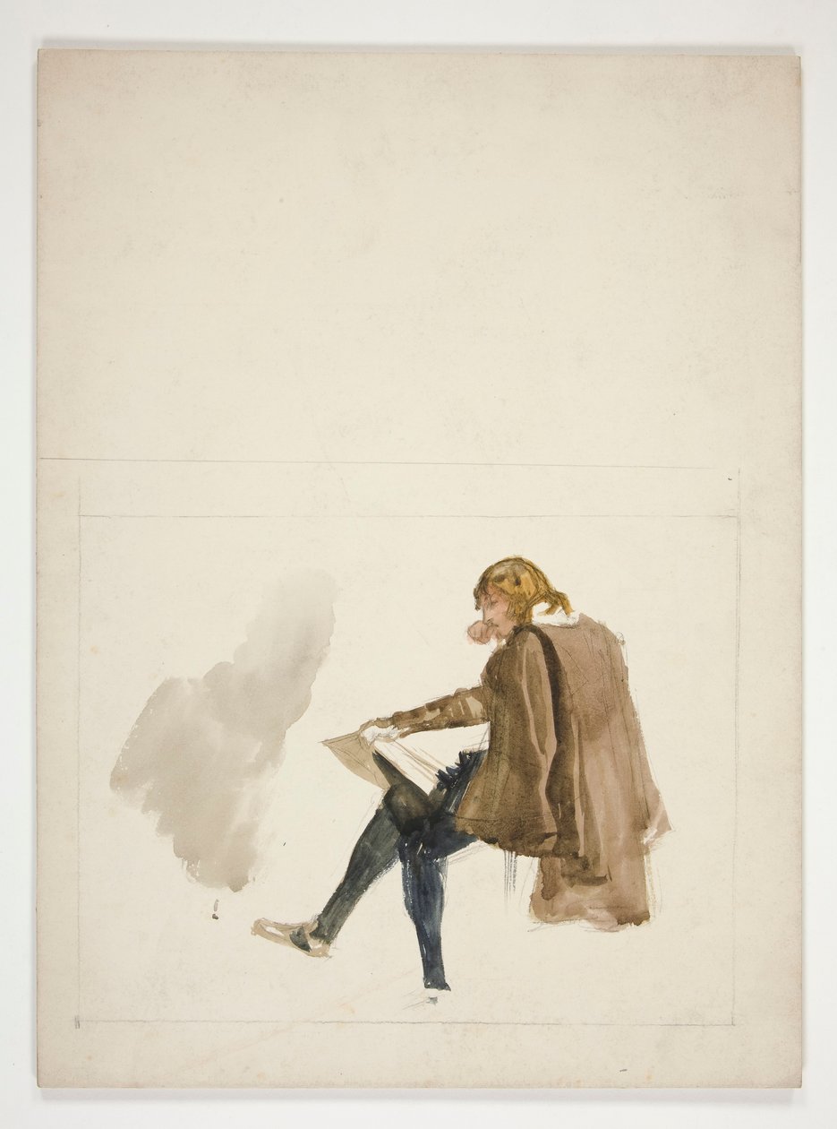 Seated Young Man in Brown Cloak, Reading - Unidentified Illustration by Edwin Austin Abbey