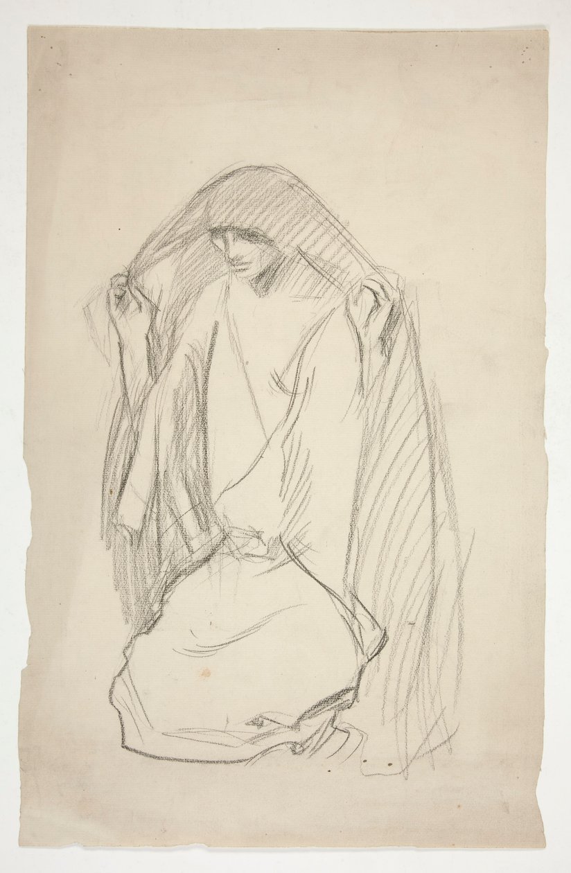 Sketch of a Cloaked Female Figure in Prayer for Three Marys at the Cross by Edwin Austin Abbey