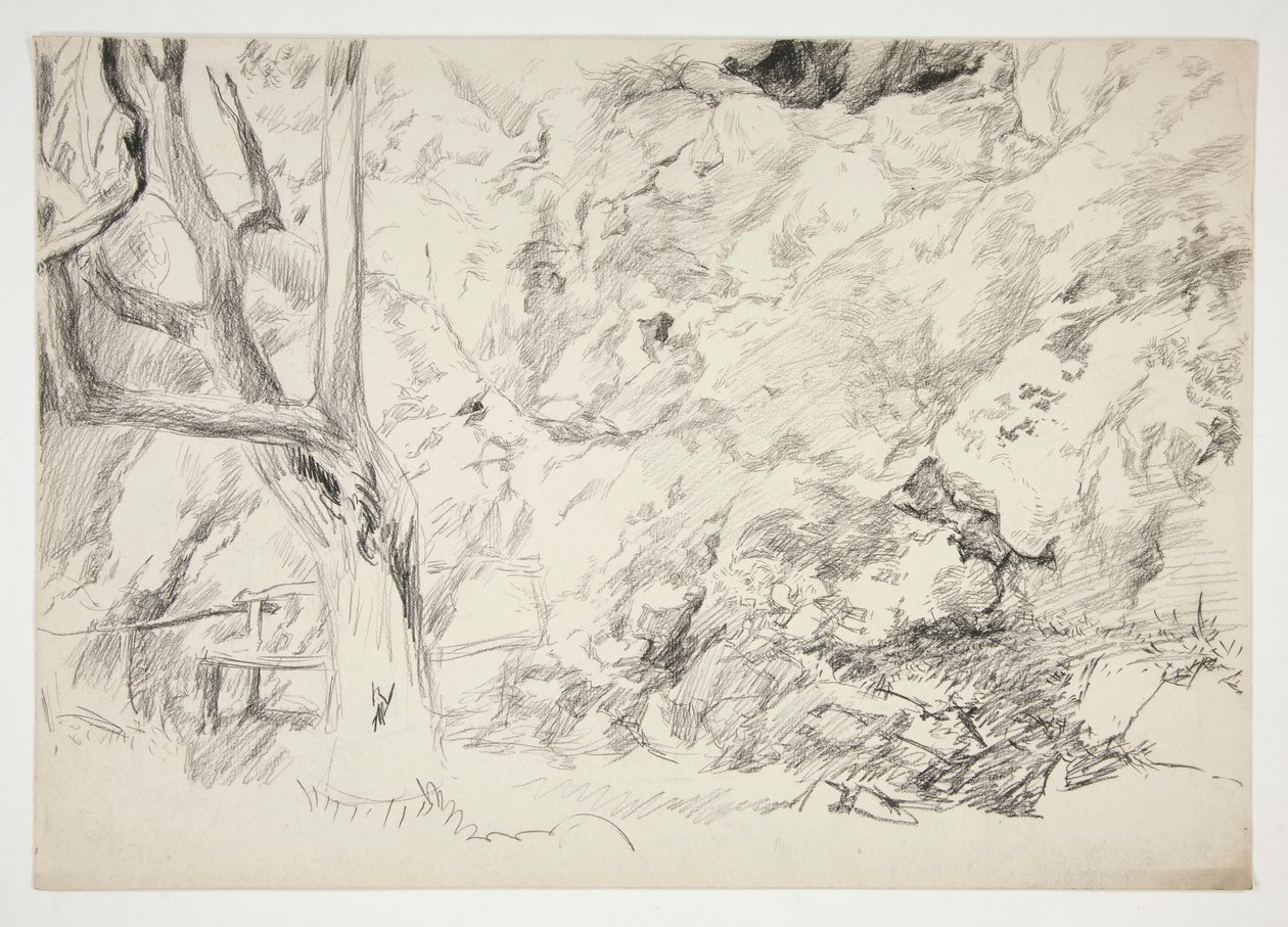 Sketch of a Landscape with Tree, Fence and Female Figure by Edwin Austin Abbey