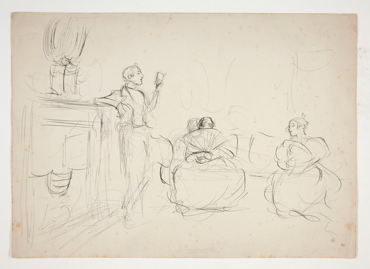 Sketch of an Interior: Man Reading Aloud, Women Knitting - Unidentified Illustration by Edwin Austin Abbey